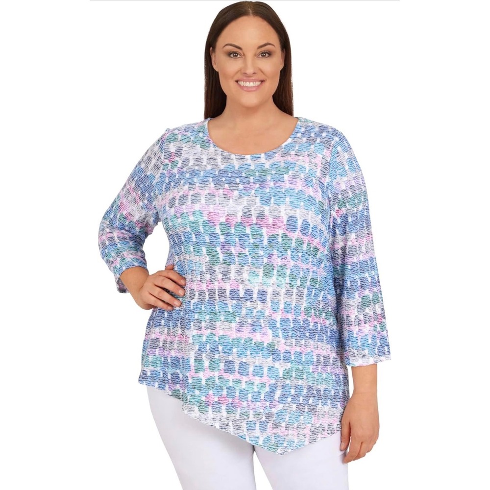 Alfred Dunner Top XL Asymmetrical Hem Multicolor Abstract Pastel Long Sleeve